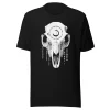 unisex-staple-eco-t-shirt-black-front-68af7a92a9832 Front view of black Feline Skull Moonmarks shirt with white feline skull and moon graphic, Left Wing Designs