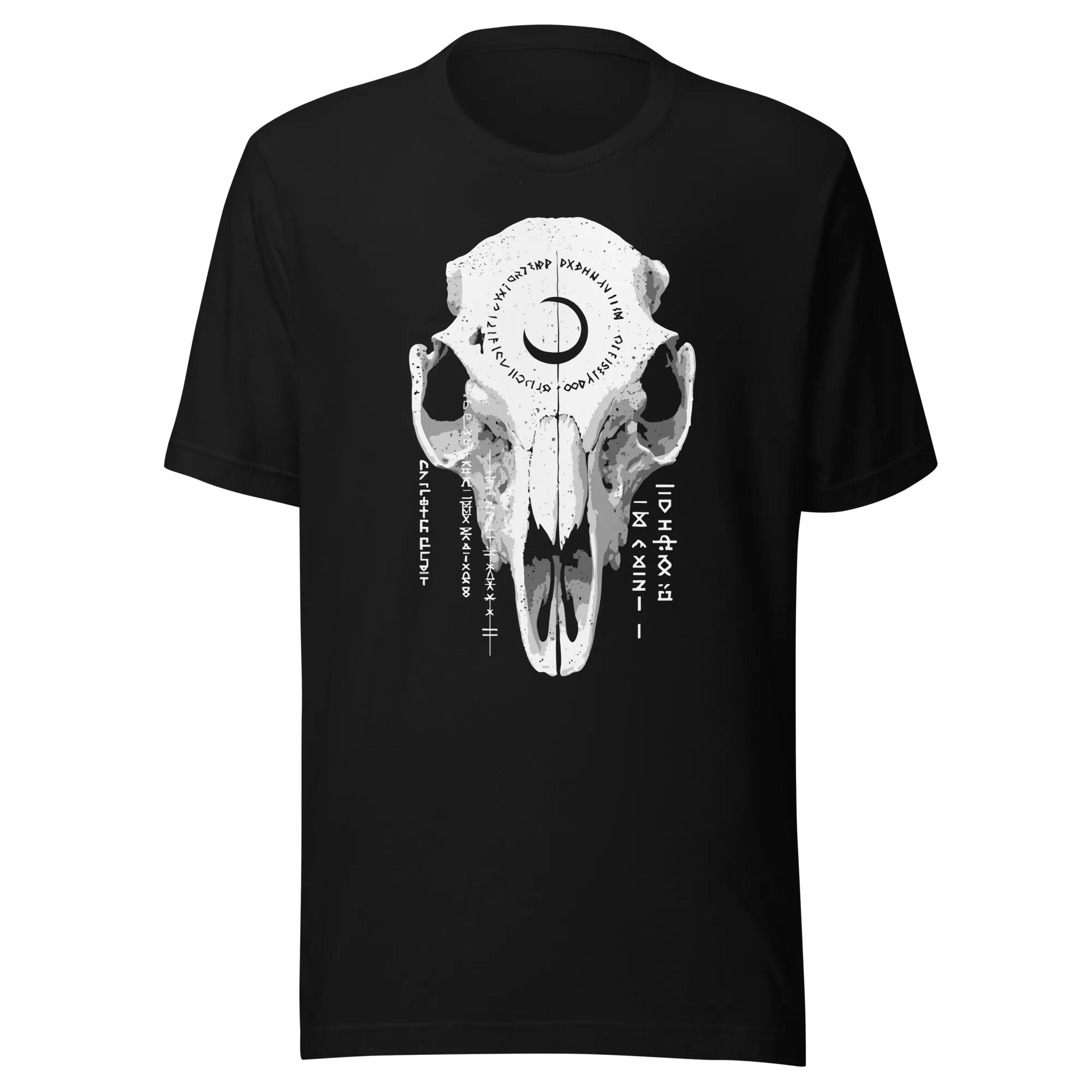 unisex-staple-eco-t-shirt-black-front-68af7a92a9832 Front view of black Feline Skull Moonmarks shirt with white feline skull and moon graphic, Left Wing Designs