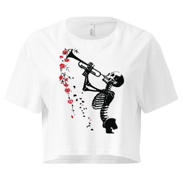 skeleton playing instrument illustration, musical theme, cropped t-shirt