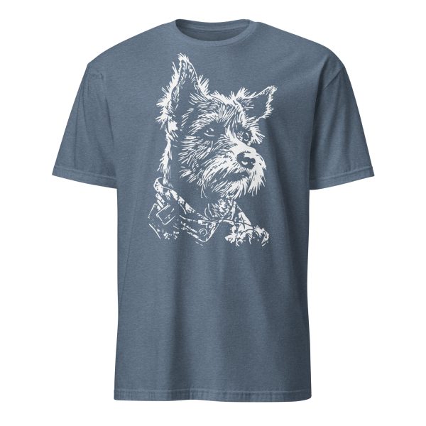 Left Wing Designs Pup Fiction dog graphic shirt, slate blue unisex softstyle cotton tee with sketch-style terrier design.