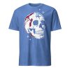 Front view of blue Skull Crush shirt with skull and moon phase graphic, Left Wing Designs