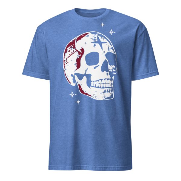 Front view of blue Skull Crush shirt with skull and moon phase graphic, Left Wing Designs