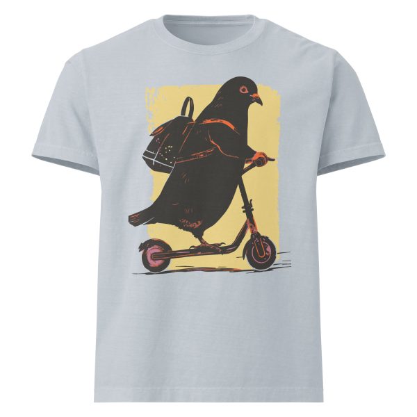 Front view of Commuter Pigeon graphic shirt, light blue oversized vintage tee with pigeon on scooter design, Left Wing Designs