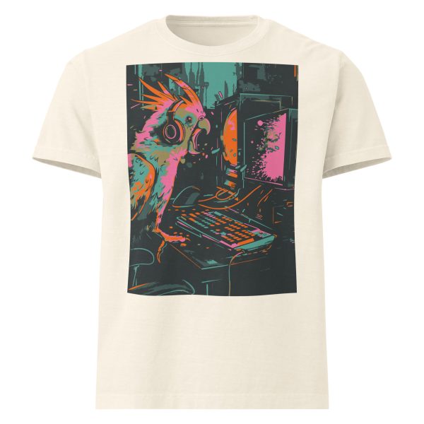 Front view of off-white Online Gamer shirt with colorful cockatiel gaming graphic, Left Wing Designs