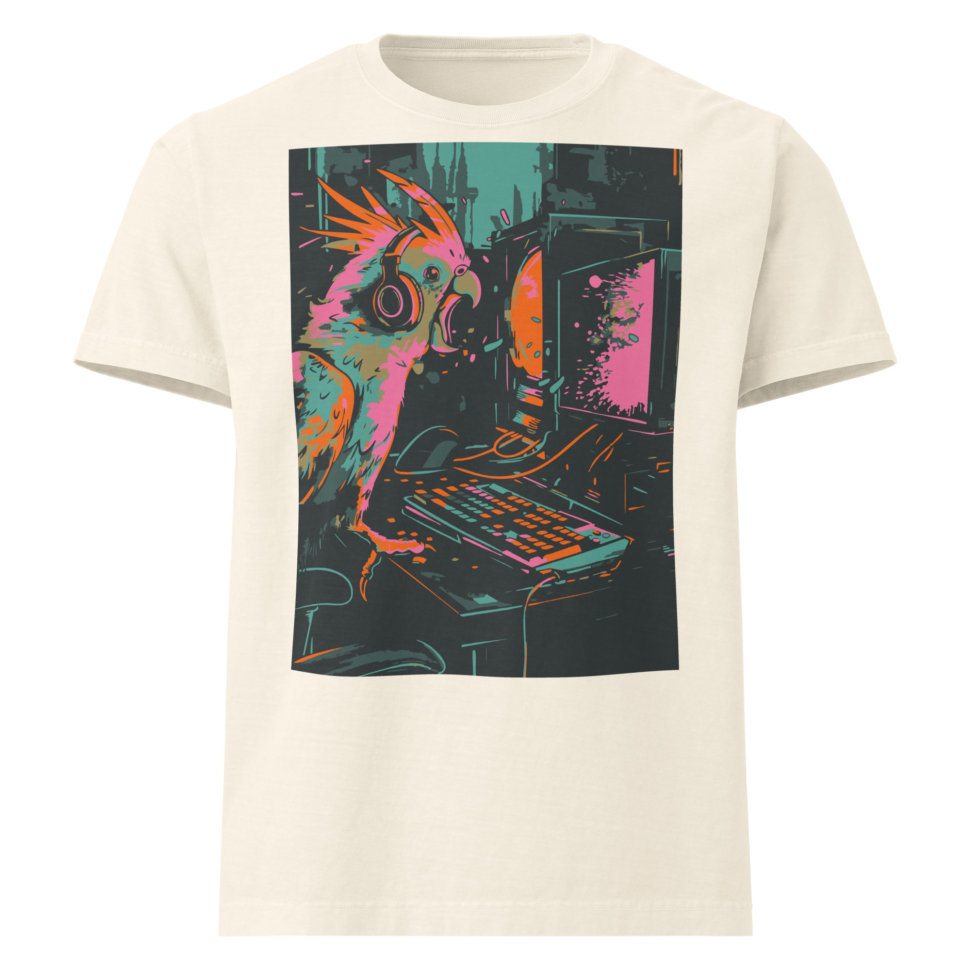 Front view of off-white Online Gamer shirt with colorful cockatiel gaming graphic, Left Wing Designs
