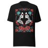 unisex-staple-t-shirt-black-front-68d58e2b9fb36.jpg Front view of black Las Rosas shirt with skeleton and floral Día de Muertos graphic, Left Wing Designs