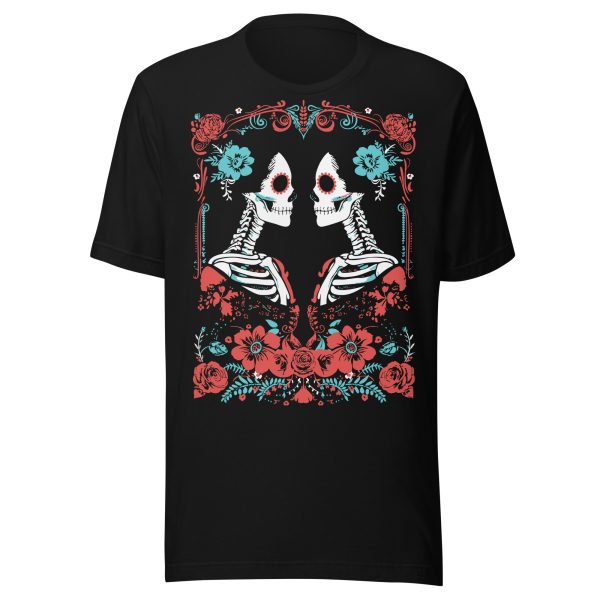 Front view of black Las Rosas shirt with skeleton and floral Día de Muertos graphic, Left Wing Designs