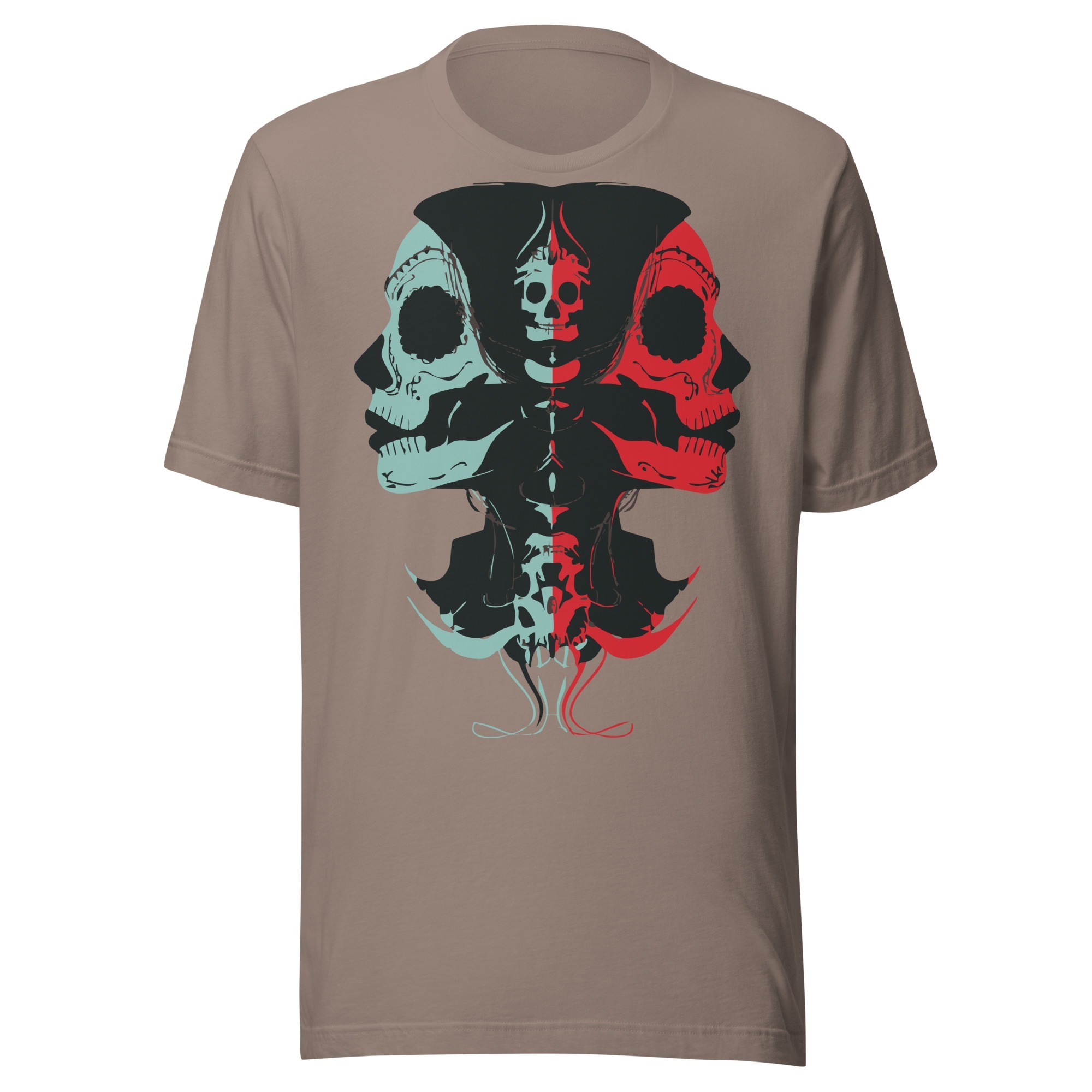 unisex-staple-t-shirt-pebble-front-68d2ef0f6ce96.jpg twin skulls illustration, symbolic contrast, classic t-shirt