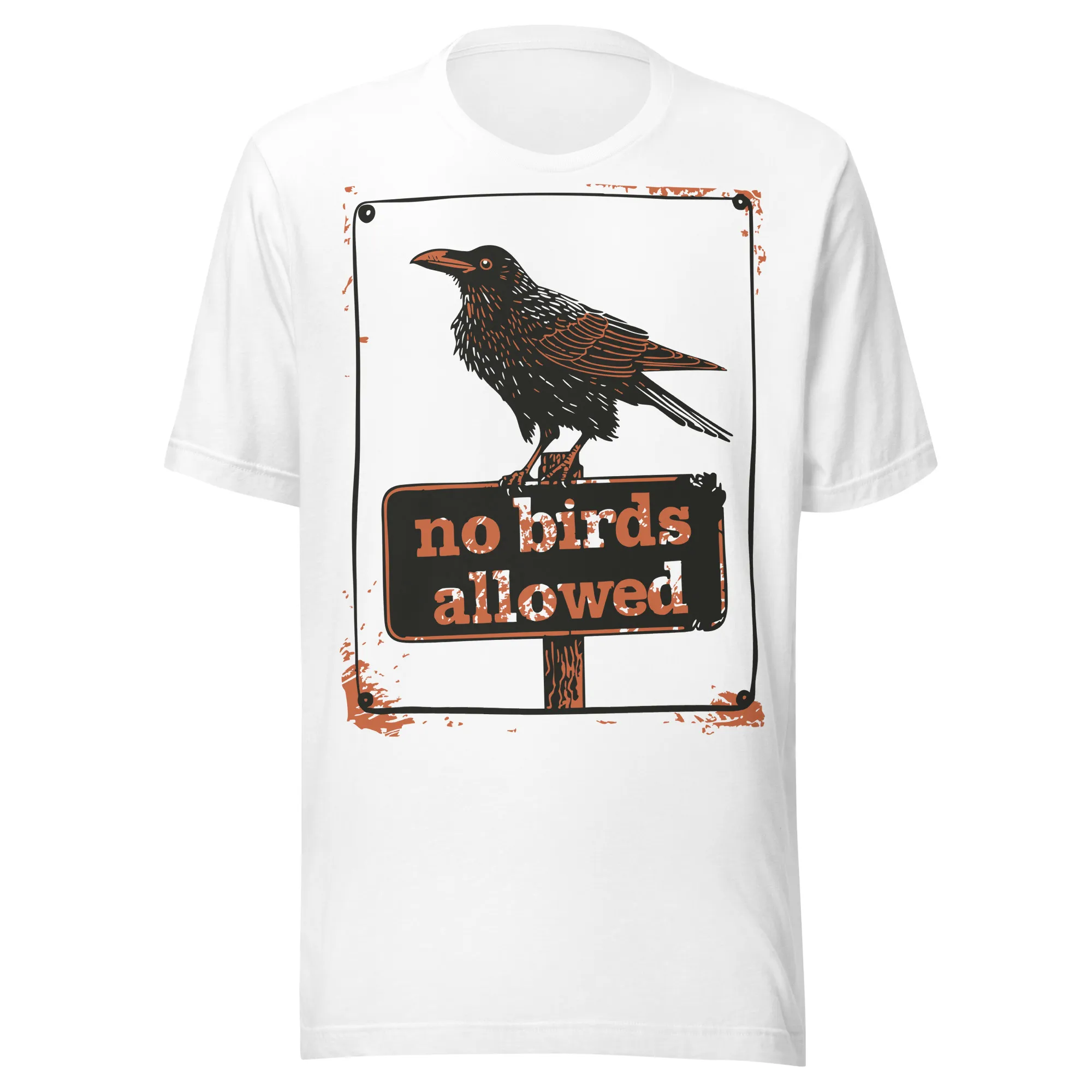 Front view of white No Birds Allowed shirt with bird graphic, Left Wing Designs