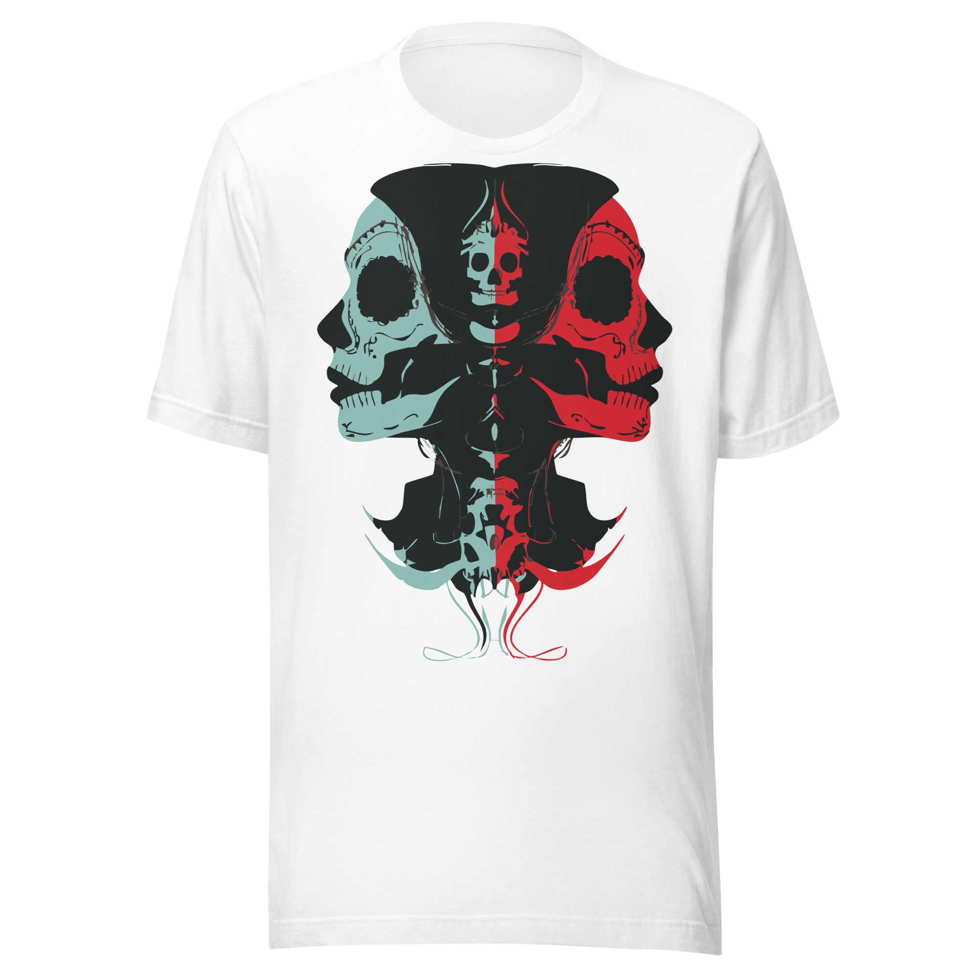 unisex-staple-t-shirt-white-front-68d2ef0f3346a.jpg Front view of white Calavera Gemini shirt with twin skull Día de Muertos design, Left Wing Designs