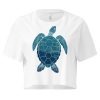 womens-crop-top-white-front-68c0e26480972.jpg Front view of white Sea Turtle crop top with blue and green sea turtle graphic, Left Wing Designs