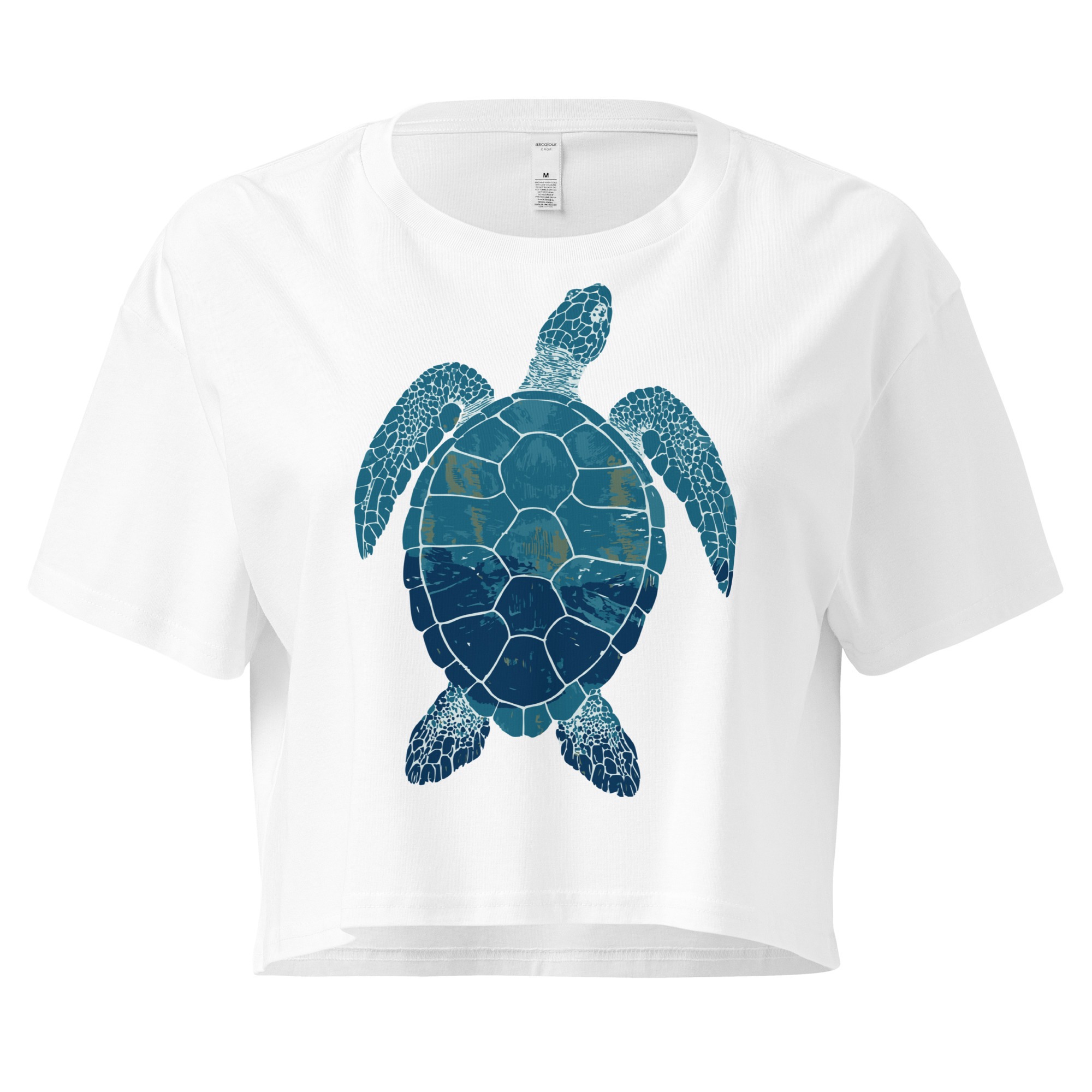 womens-crop-top-white-front-68c0e26480972.jpg Front view of white Sea Turtle crop top with blue and green sea turtle graphic, Left Wing Designs