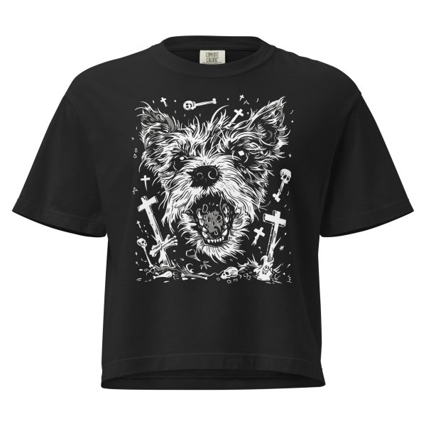 Front view of black Terror-ier crop top with bold terrier dog graphic, Left Wing Designs