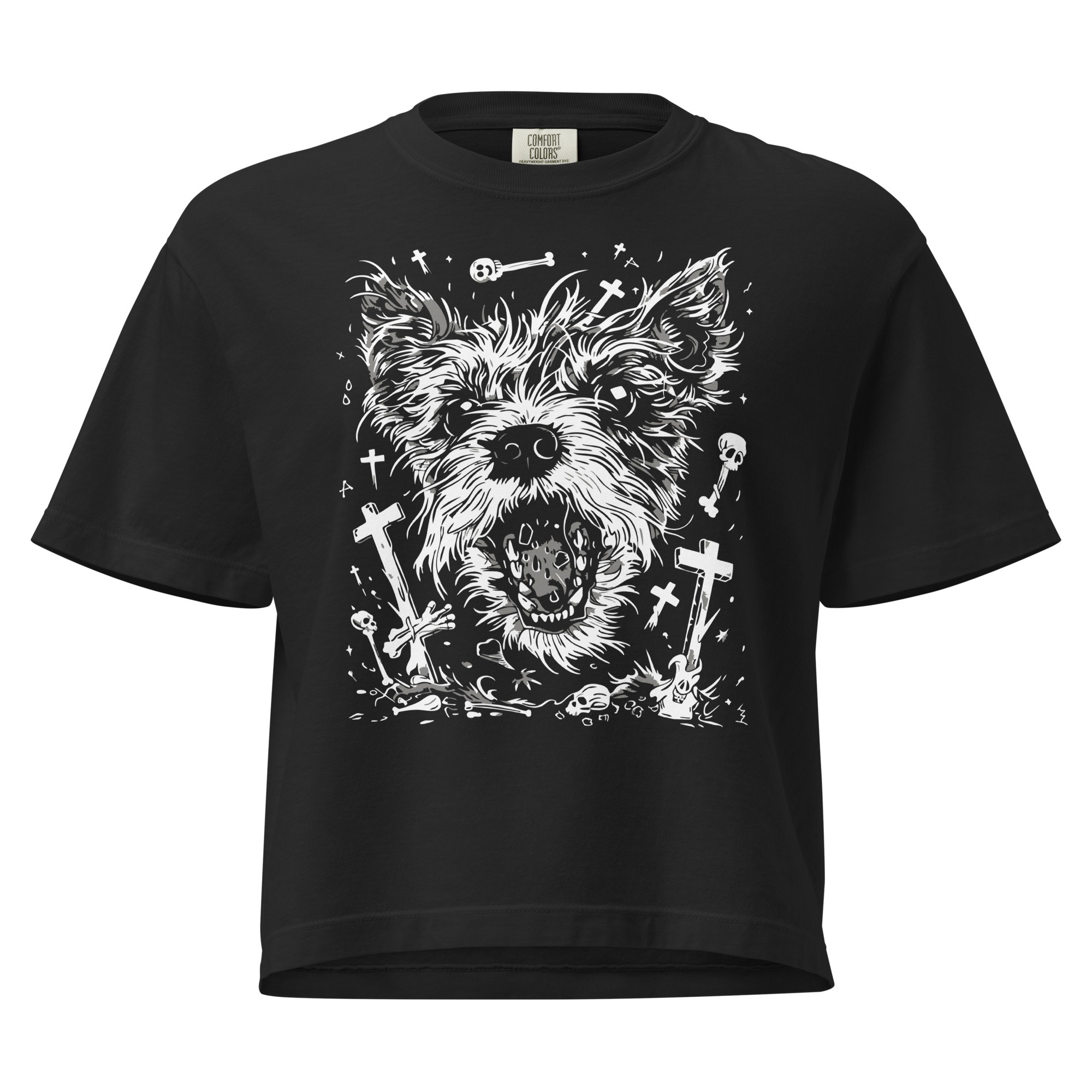 womens-heavyweight-boxy-t-shirt-black-front-68c0d3a8613b3.jpg Front view of black Terror-ier crop top with bold terrier dog graphic, Left Wing Designs