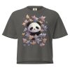 Front view of dark gray Panda Origami crop top with origami panda and leaf graphic, Left Wing Designs