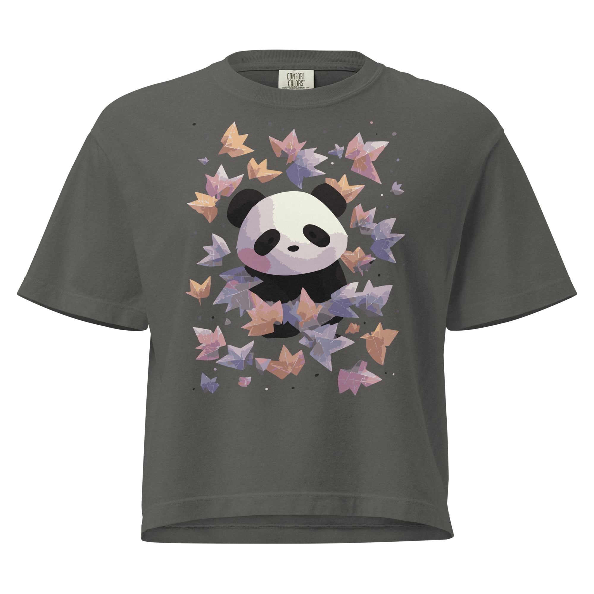 Front view of dark gray Panda Origami crop top with origami panda and leaf graphic, Left Wing Designs