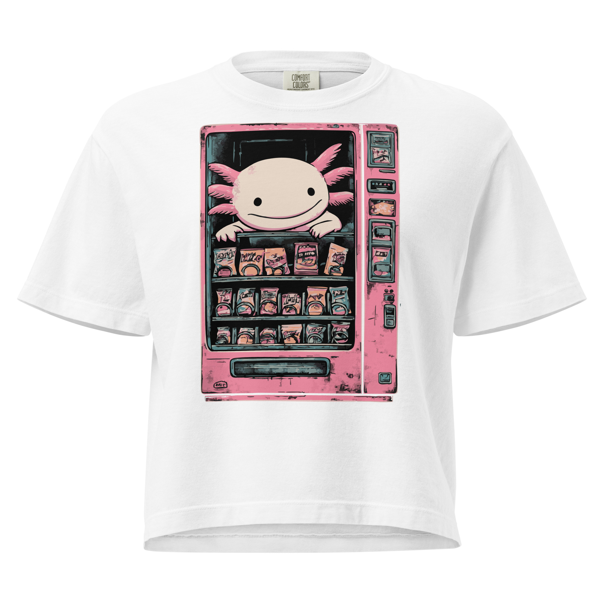 axolotl in vending machine illustration, playful style, cropped t-shirt