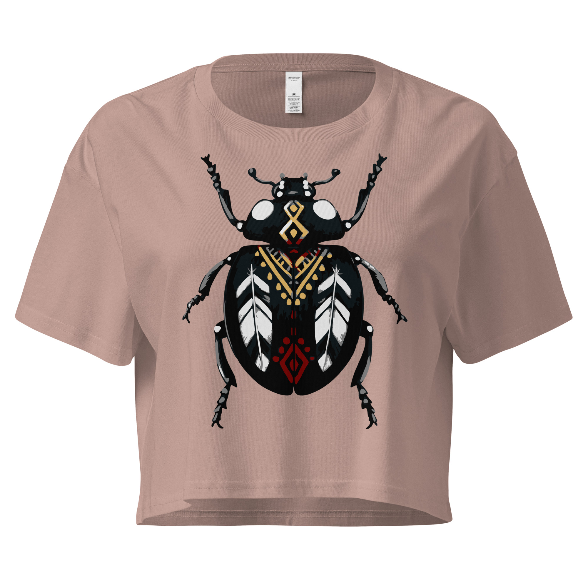 detailed beetle illustration, boho pattern style, cropped t-shirt