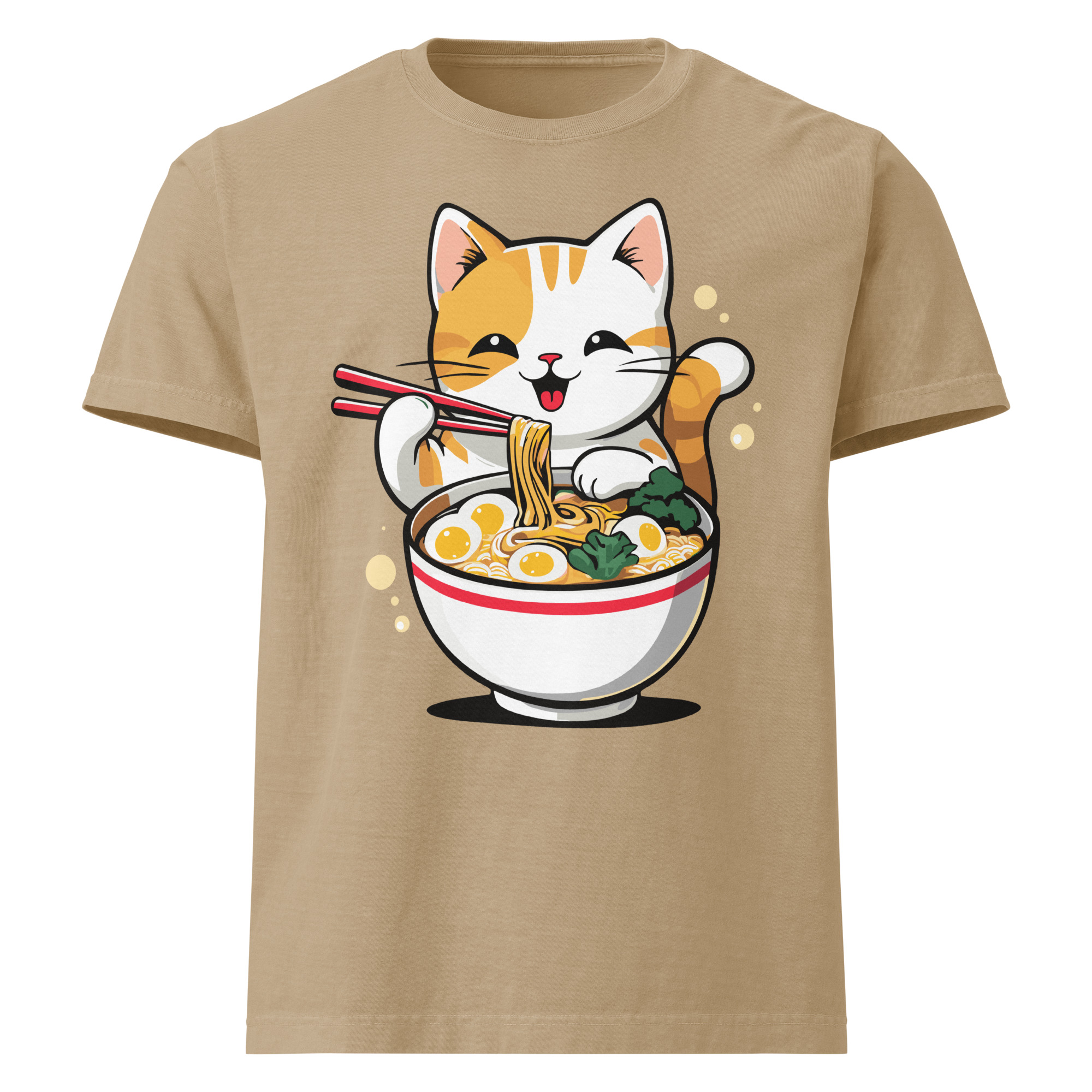 cat eating ramen illustration, cartoon style, oversized t-shirt