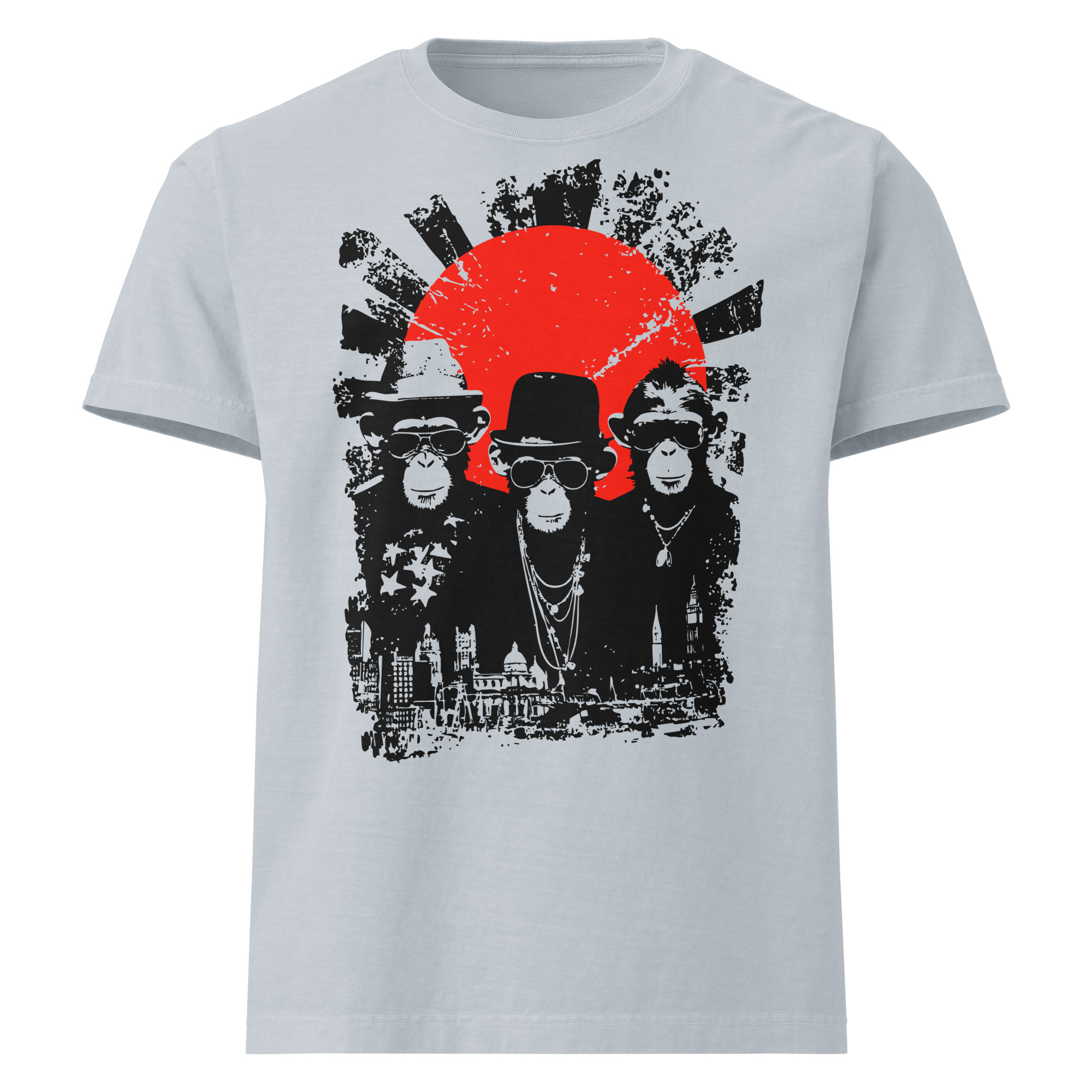 three figures with rising sun, graphic illustration, oversized t-shirt