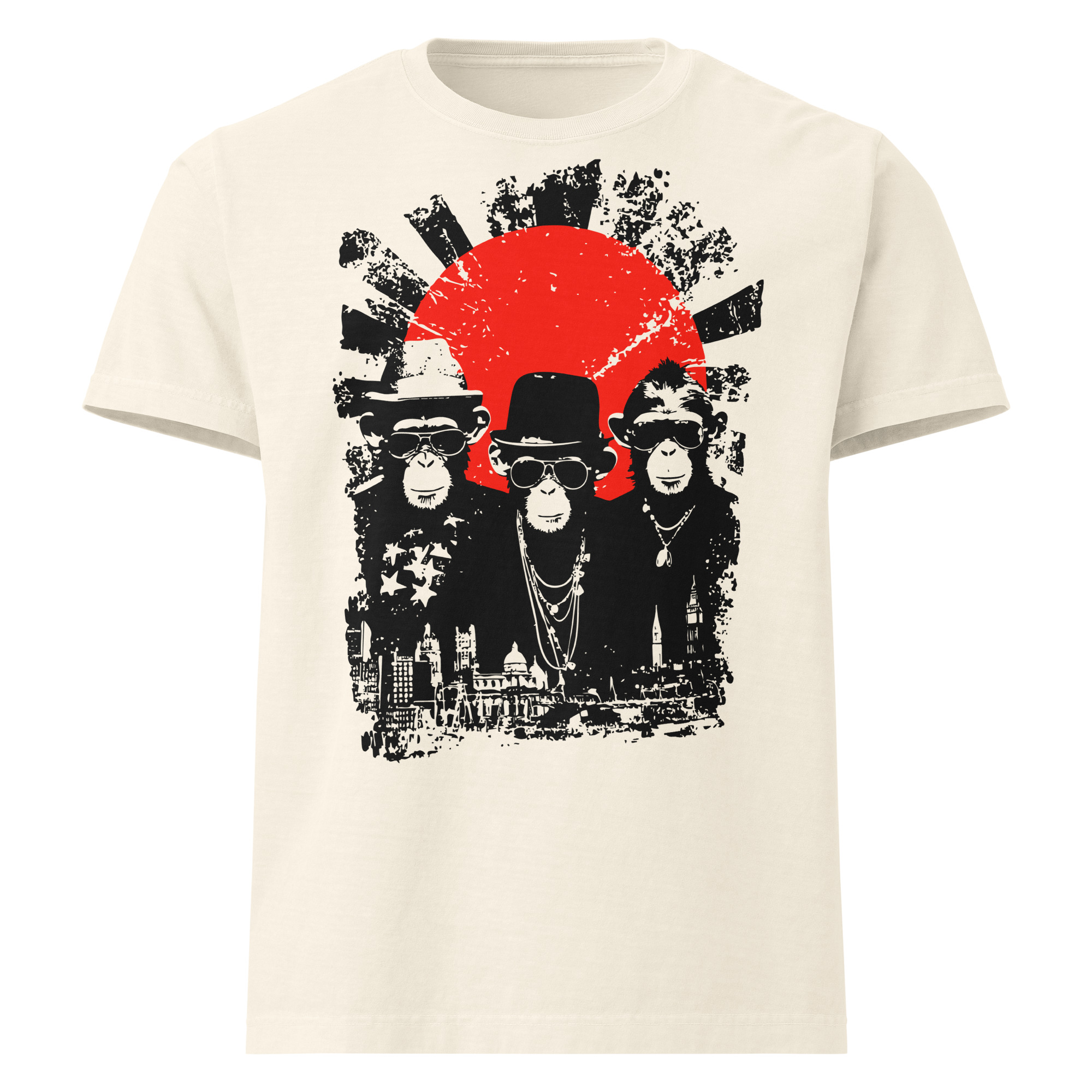three figures with rising sun, graphic illustration, oversized t-shirt