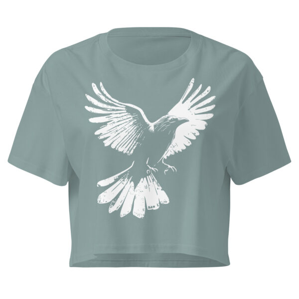 white raven illustration, symbolic bird design, cropped t-shirt
