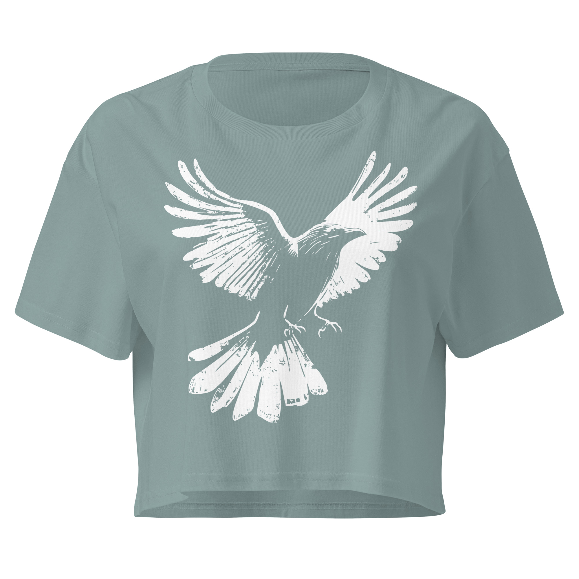 white raven illustration, symbolic bird design, cropped t-shirt