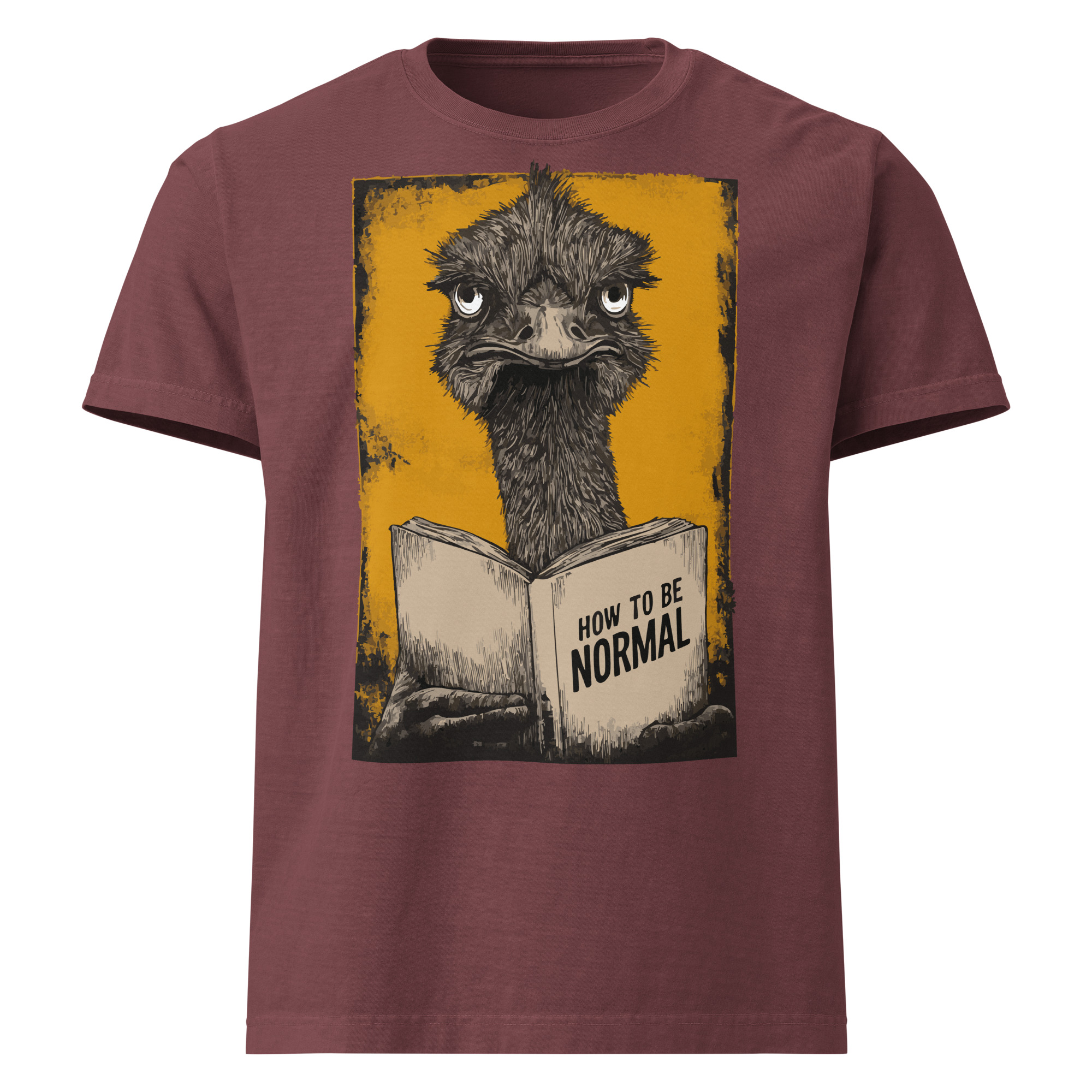 ostrich reading book illustration, humorous defiance, oversized t-shirt