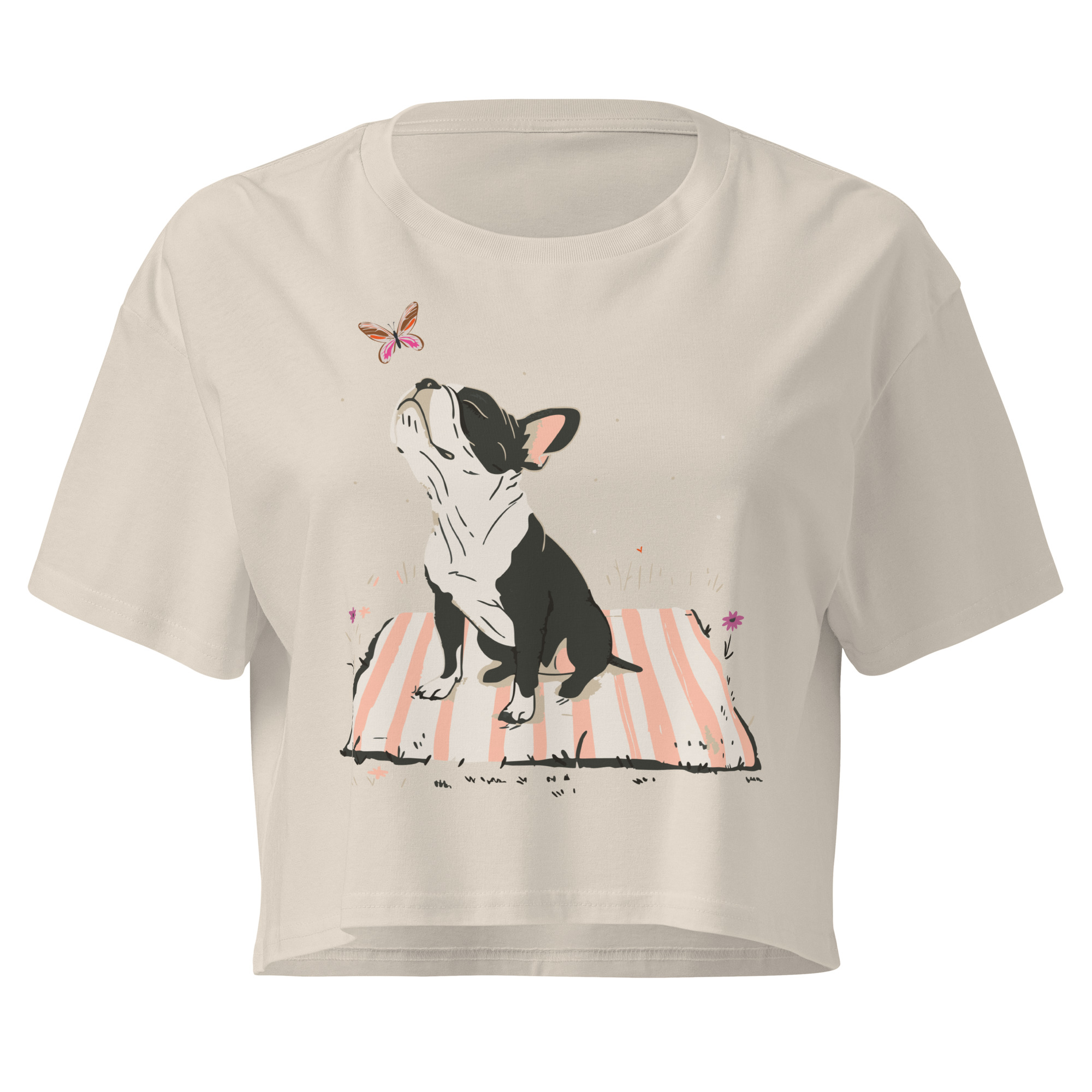 dog and butterfly illustration, playful outdoor scene, cropped t-shirt