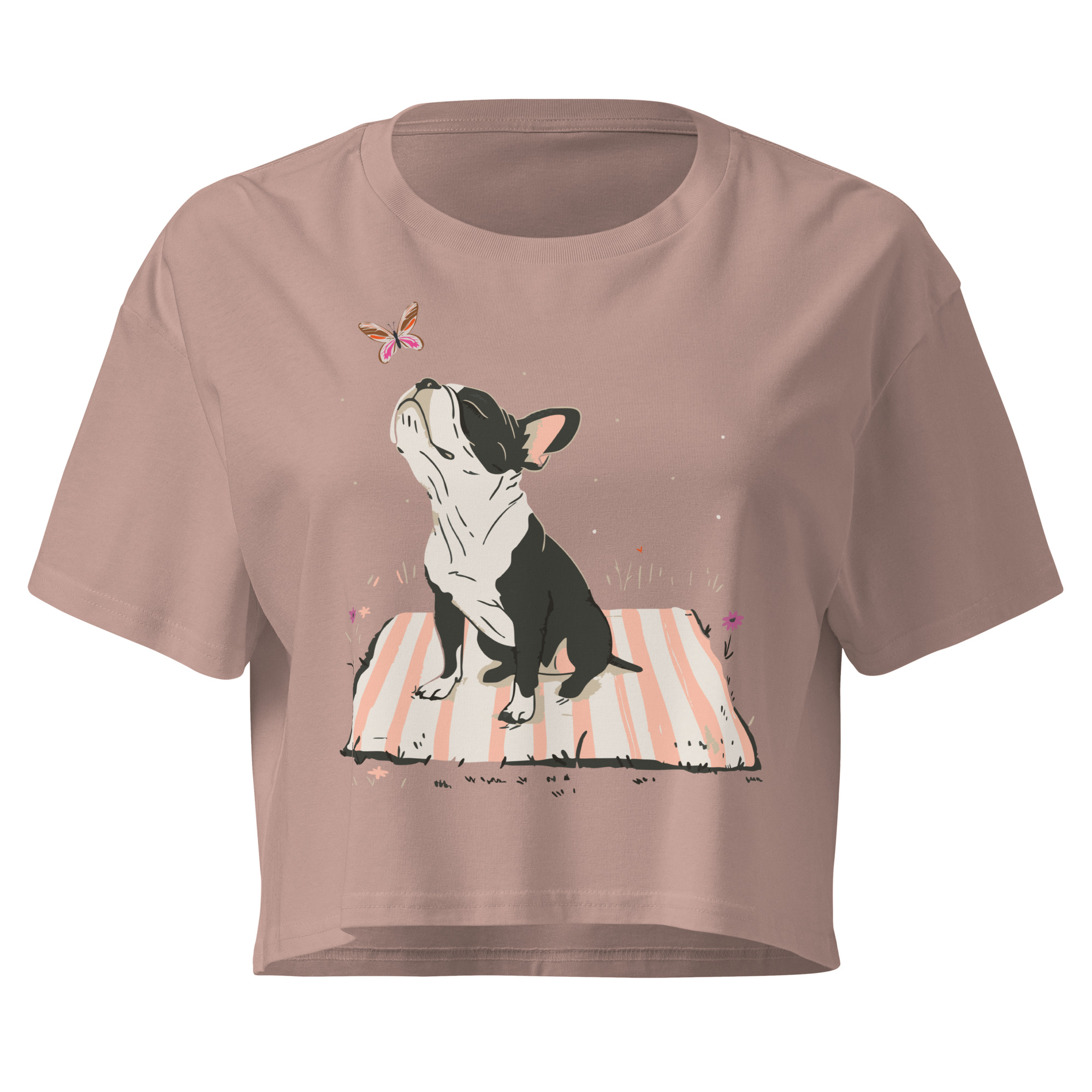 dog and butterfly illustration, playful outdoor scene, cropped t-shirt