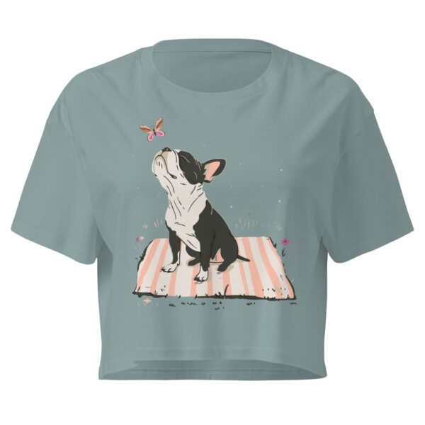 dog and butterfly illustration, playful outdoor scene, cropped t-shirt