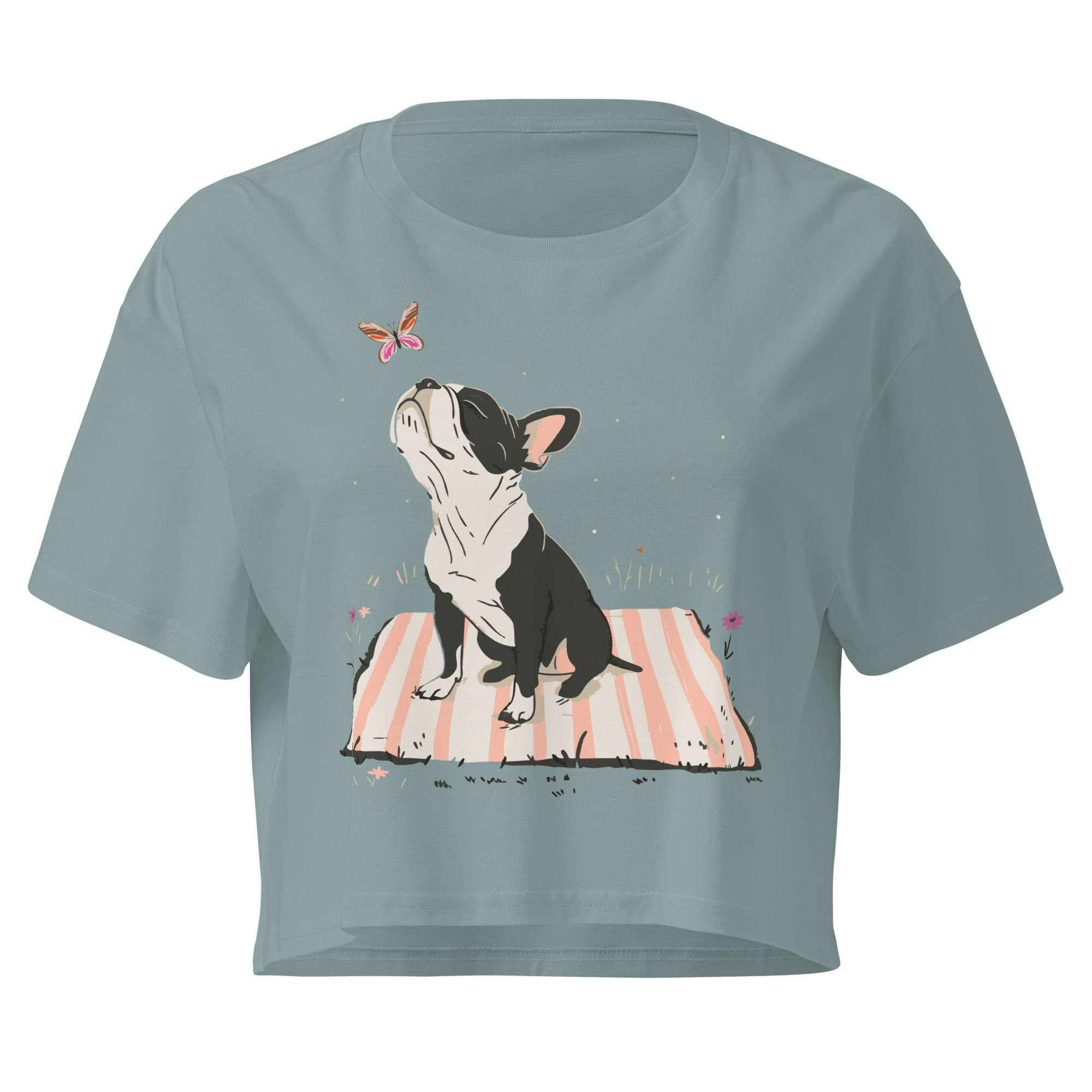 dog and butterfly illustration, playful outdoor scene, cropped t-shirt