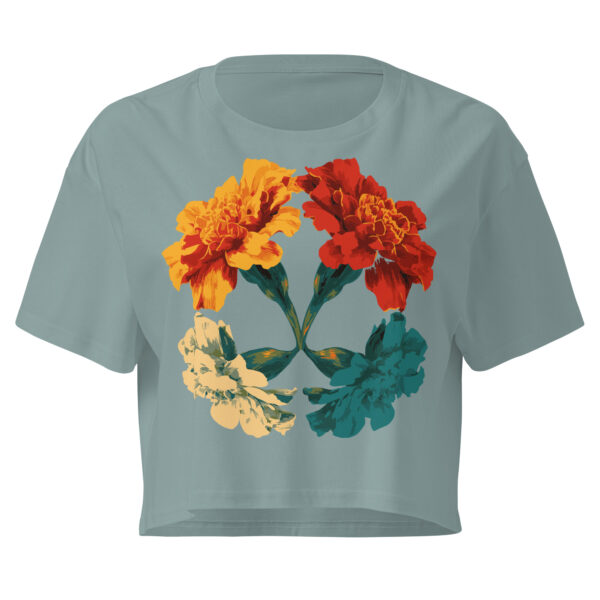 four marigolds illustration, symbolic floral design, cropped t-shirt