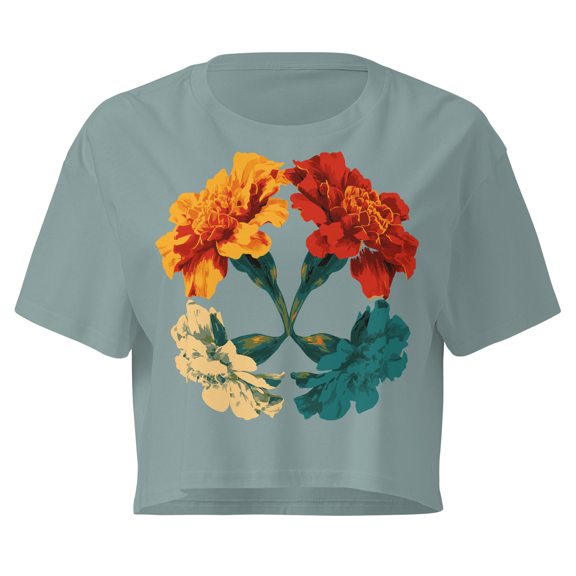 four marigolds illustration, symbolic floral design, cropped t-shirt