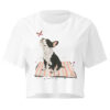 dog and butterfly illustration, playful outdoor scene, cropped t-shirt
