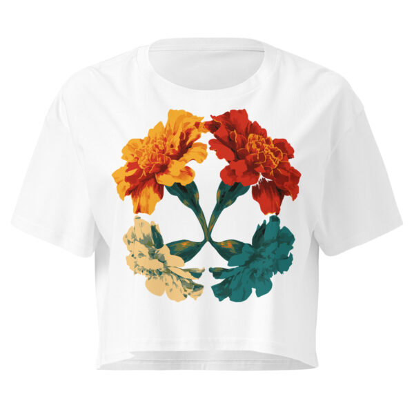 four marigolds illustration, symbolic floral design, cropped t-shirt